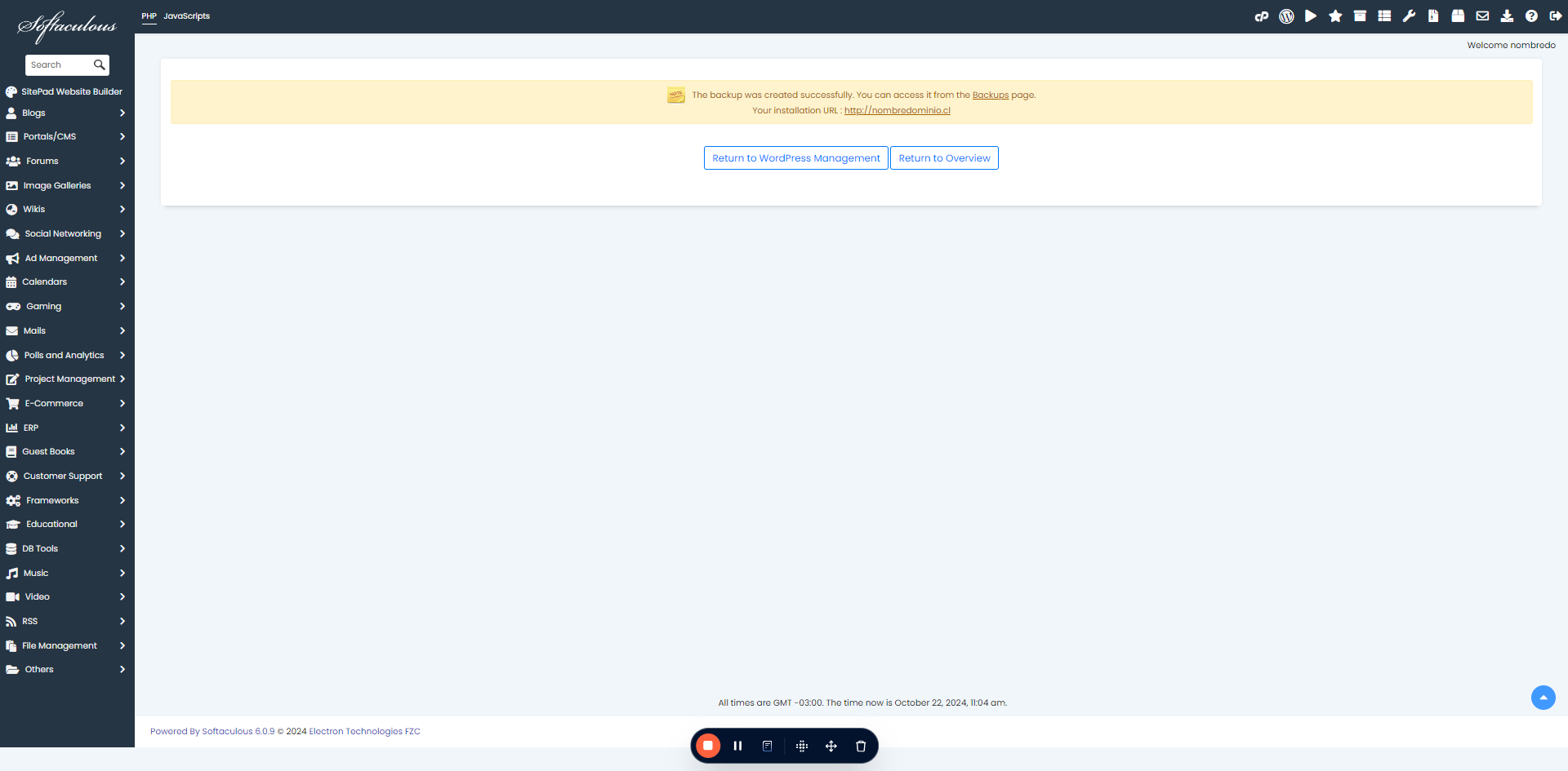 Cuando termine el proceso de respaldo, debemos ir a "Backups". Que aparece en el mensaje en amarillo.