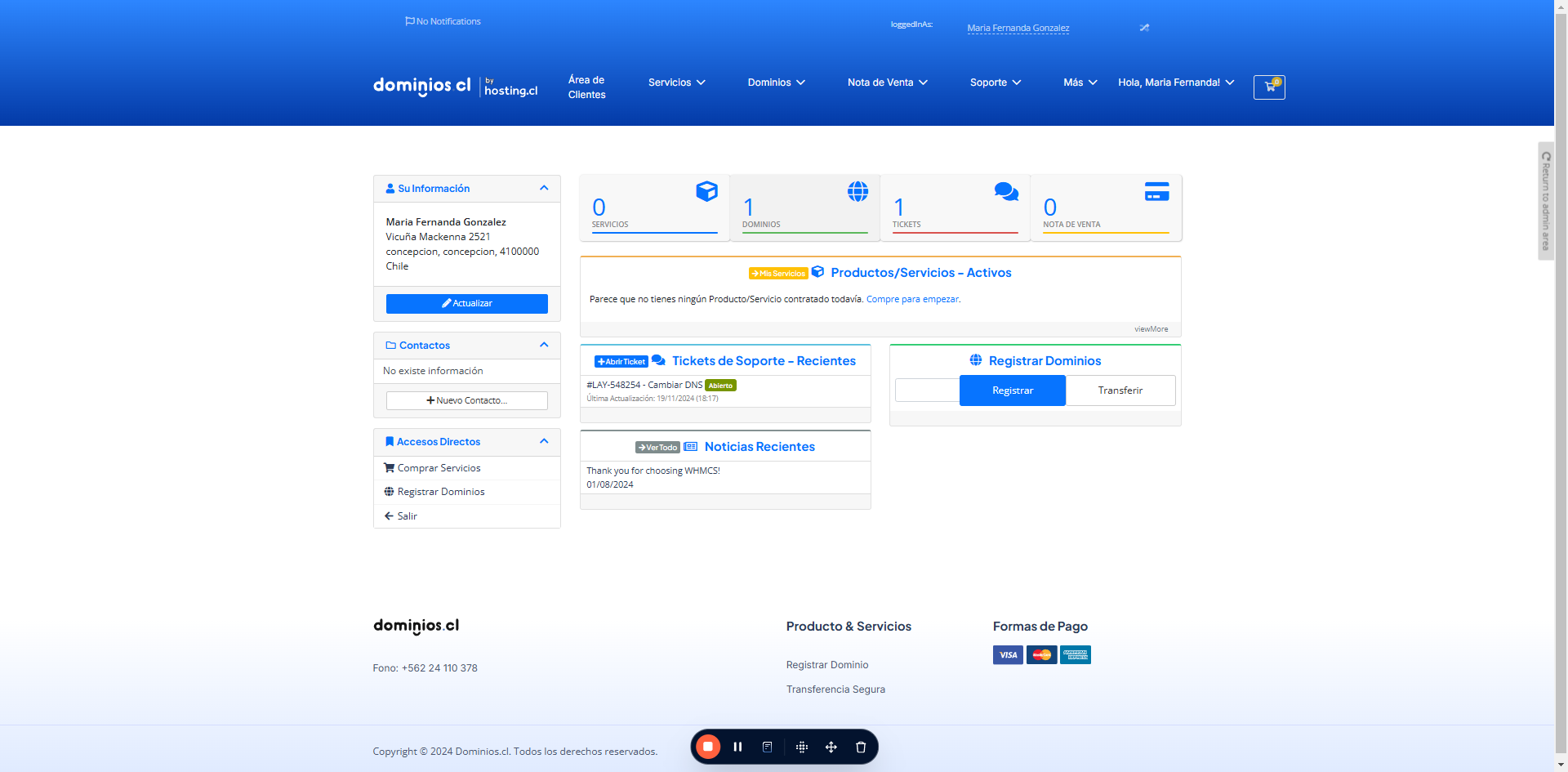Ve al área de clientes [Área del Cliente - Dominios.cl](https://panel.dominios.cl/clientarea.php)