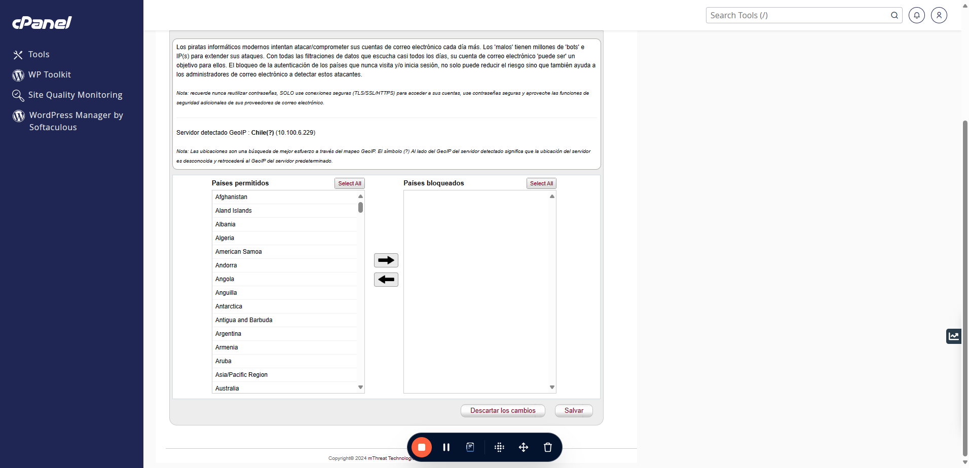 Aquí podrás revisar la lista de países permitidos y los que estén bloqueados. Puedes mover todos o seleccionarlos manualmente para modificar su estado.