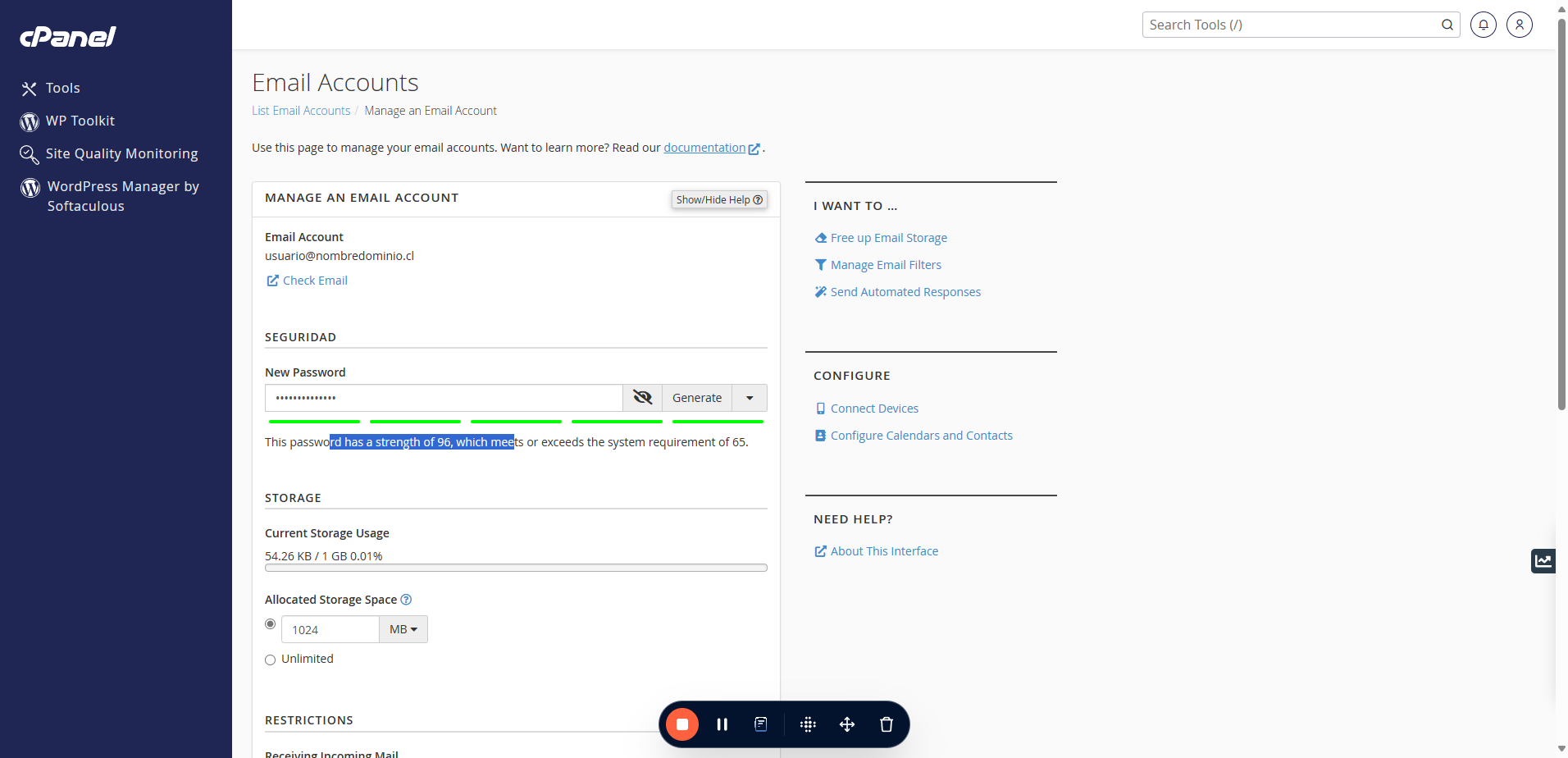 Verifica que cumpla con la seguridad mínima que exige cPanel.