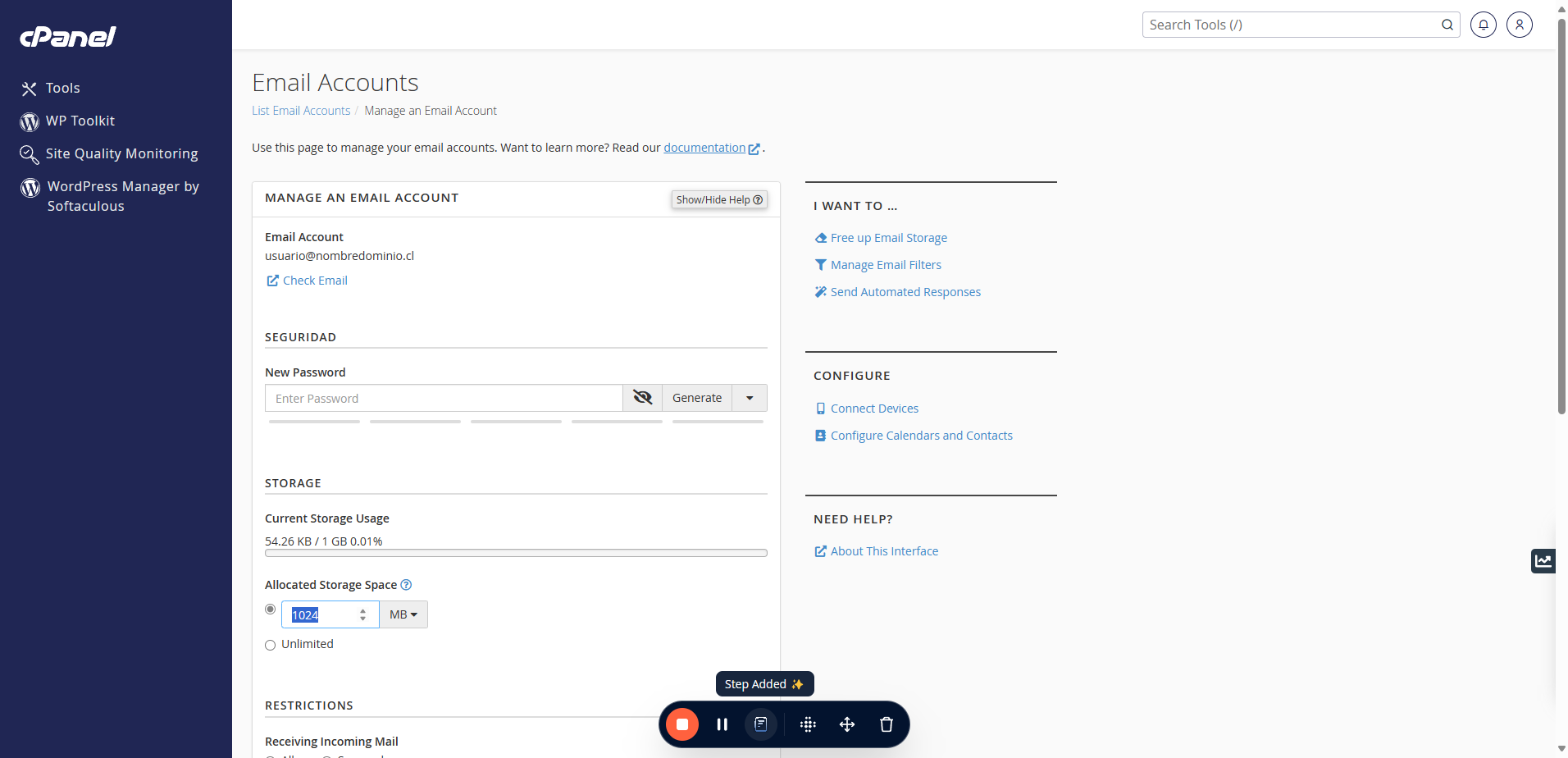 Si prefieres configurar un límite de espacio específico que pueda usar esa cuenta de correo, marca la opción para editar.