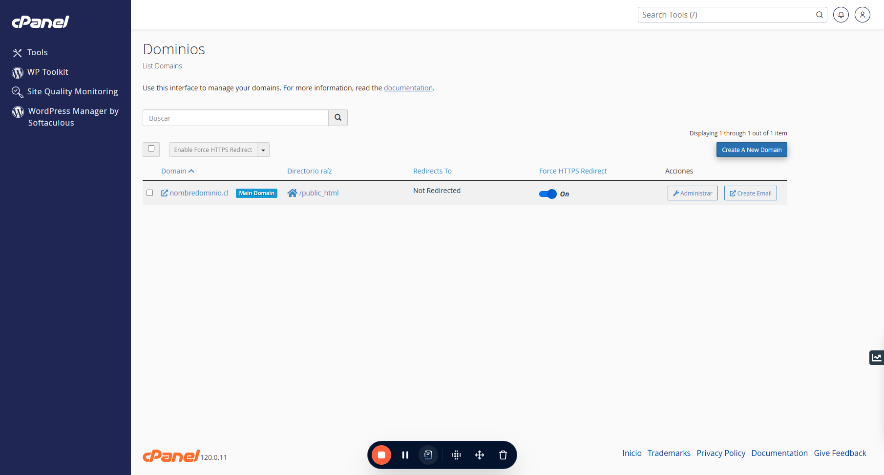 Click en "Create A New Domain"