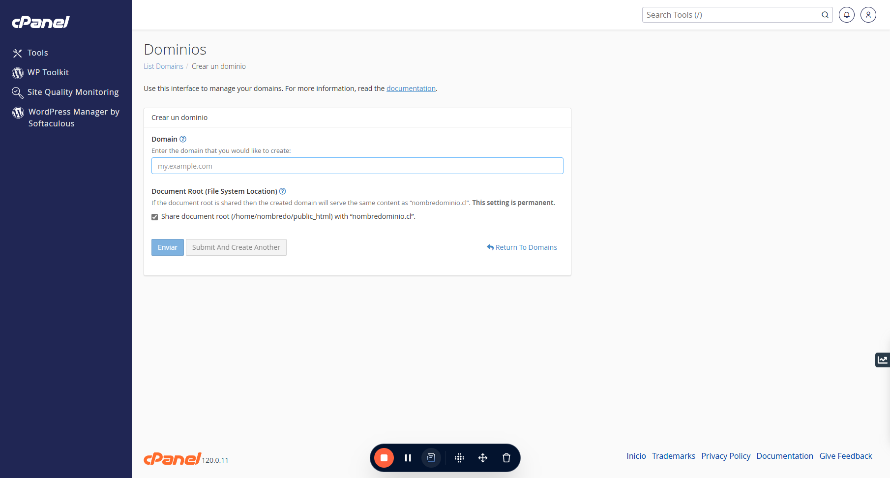 Aquí escribir el nombre del subdominio seguido de ".tudominio". Por ejemplo, mi subdominio se llama "tienda", y mi dominio se llama "nombredominio.cl", quedaría así: tienda.nombredominio.cl