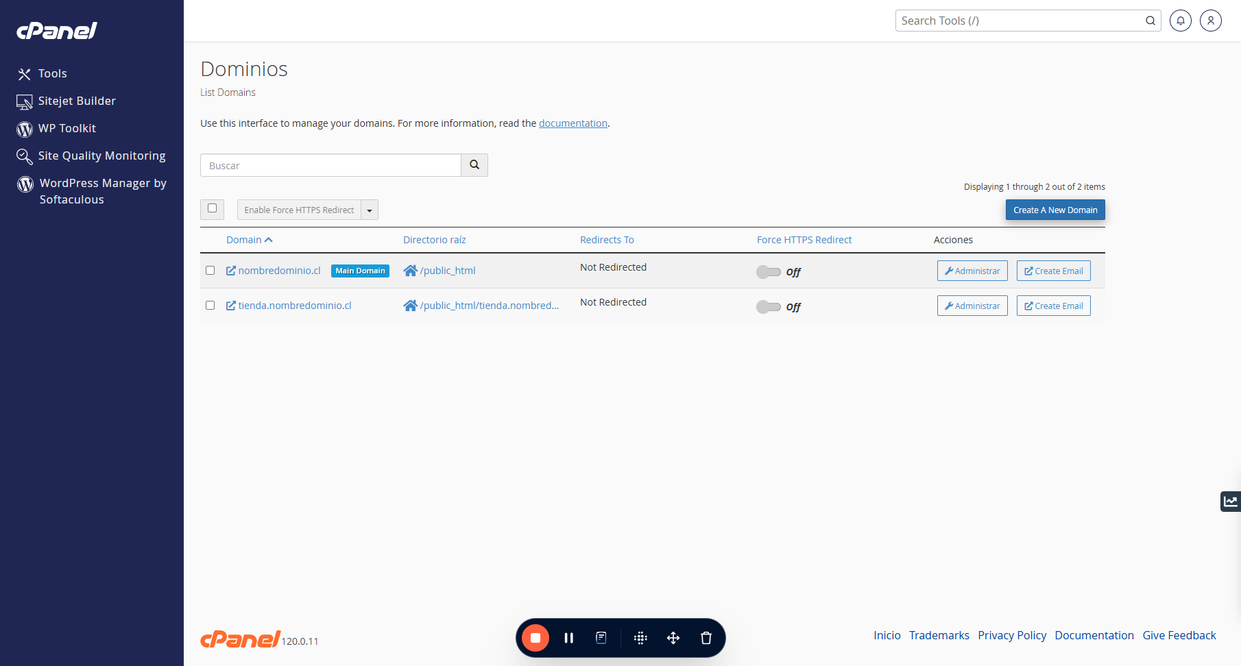 Click en "Create A New Domain"