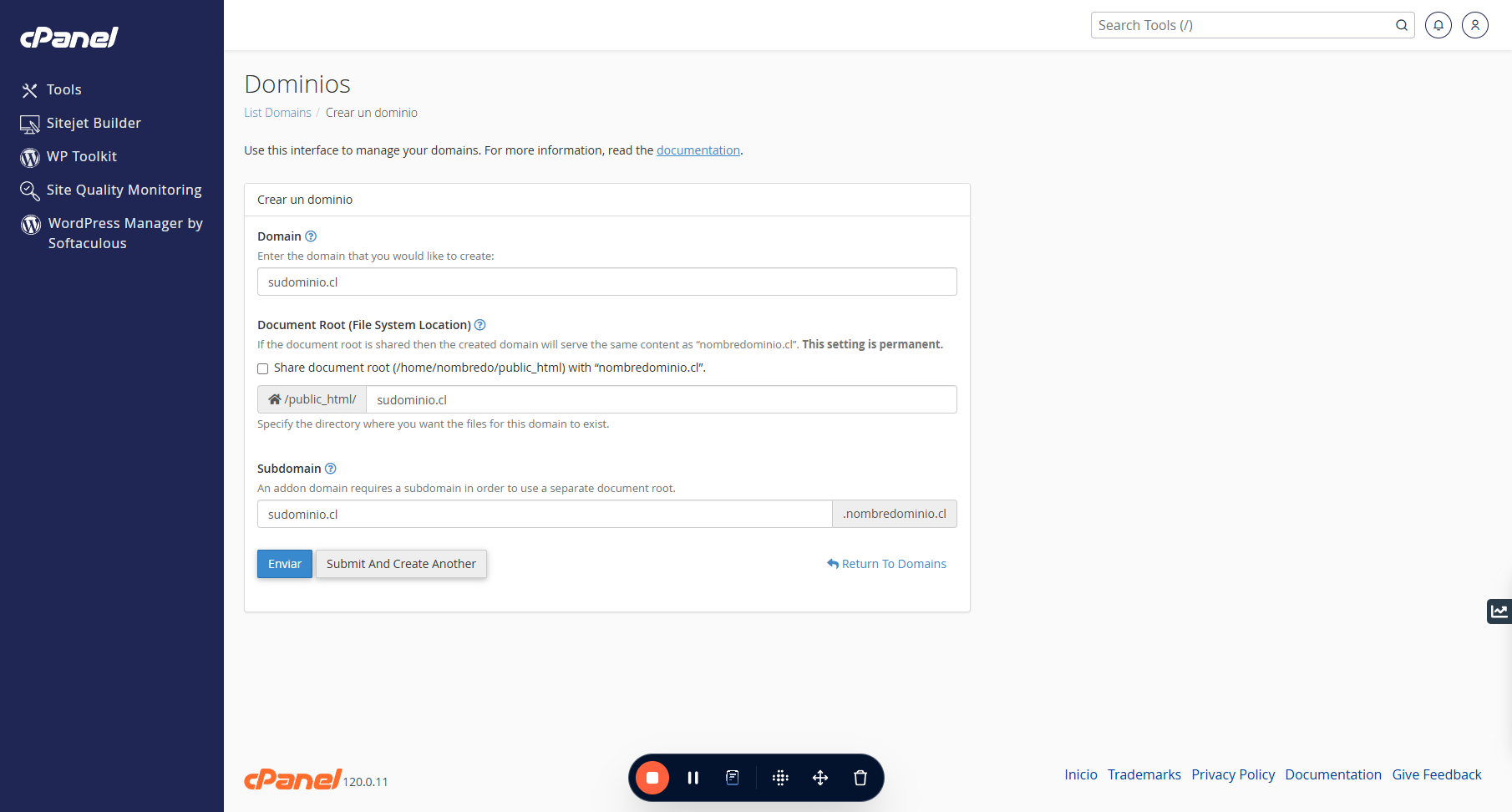 Luego de desmarcar la opción anterior, verás que aparece la ruta de dónde estará la carpeta que almacenarán los archivos de la web para este dominio.