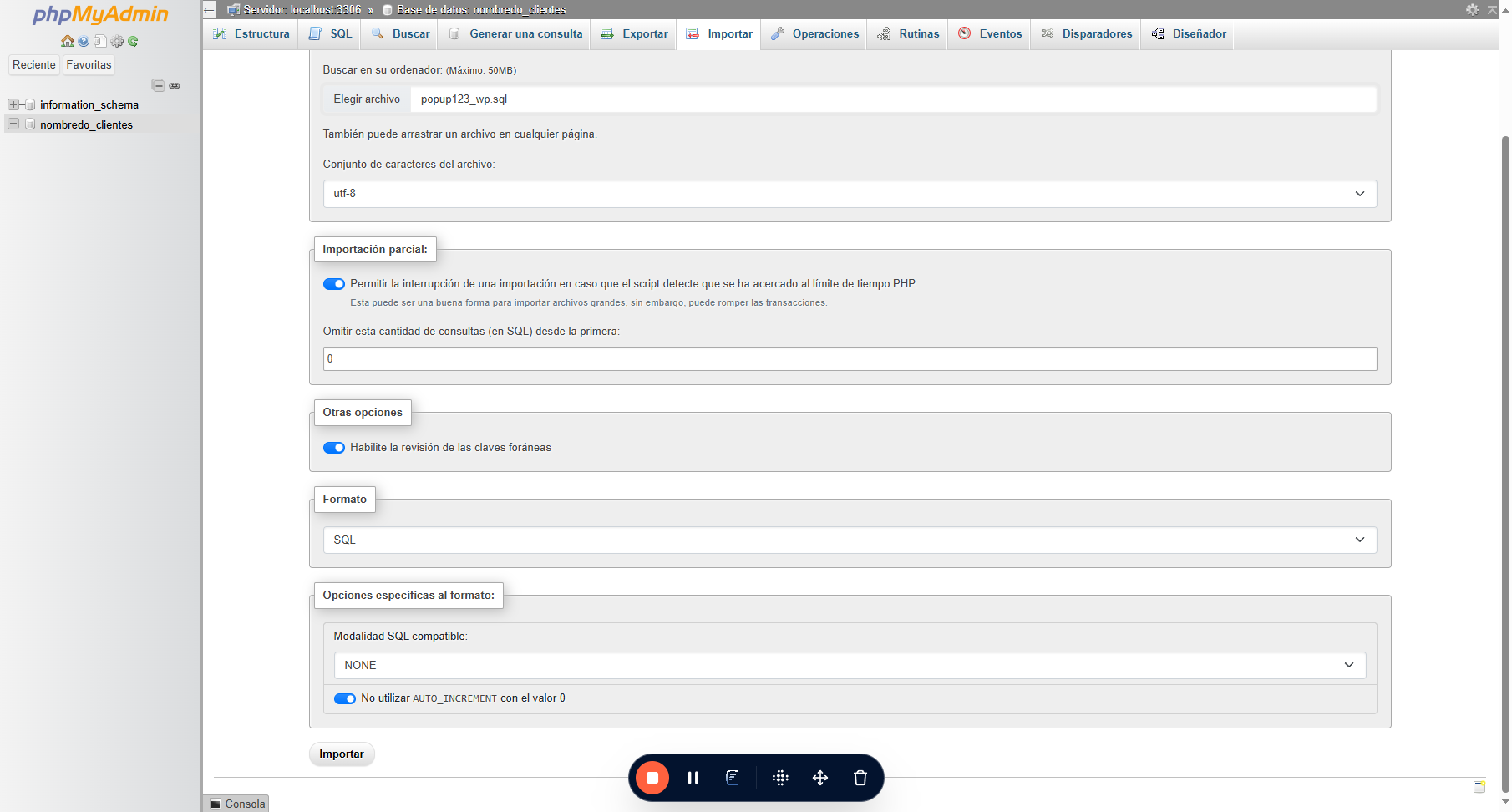 Una vez seleccionado el archivo que se debe subir, hacemos click en "Importar" para subir la información