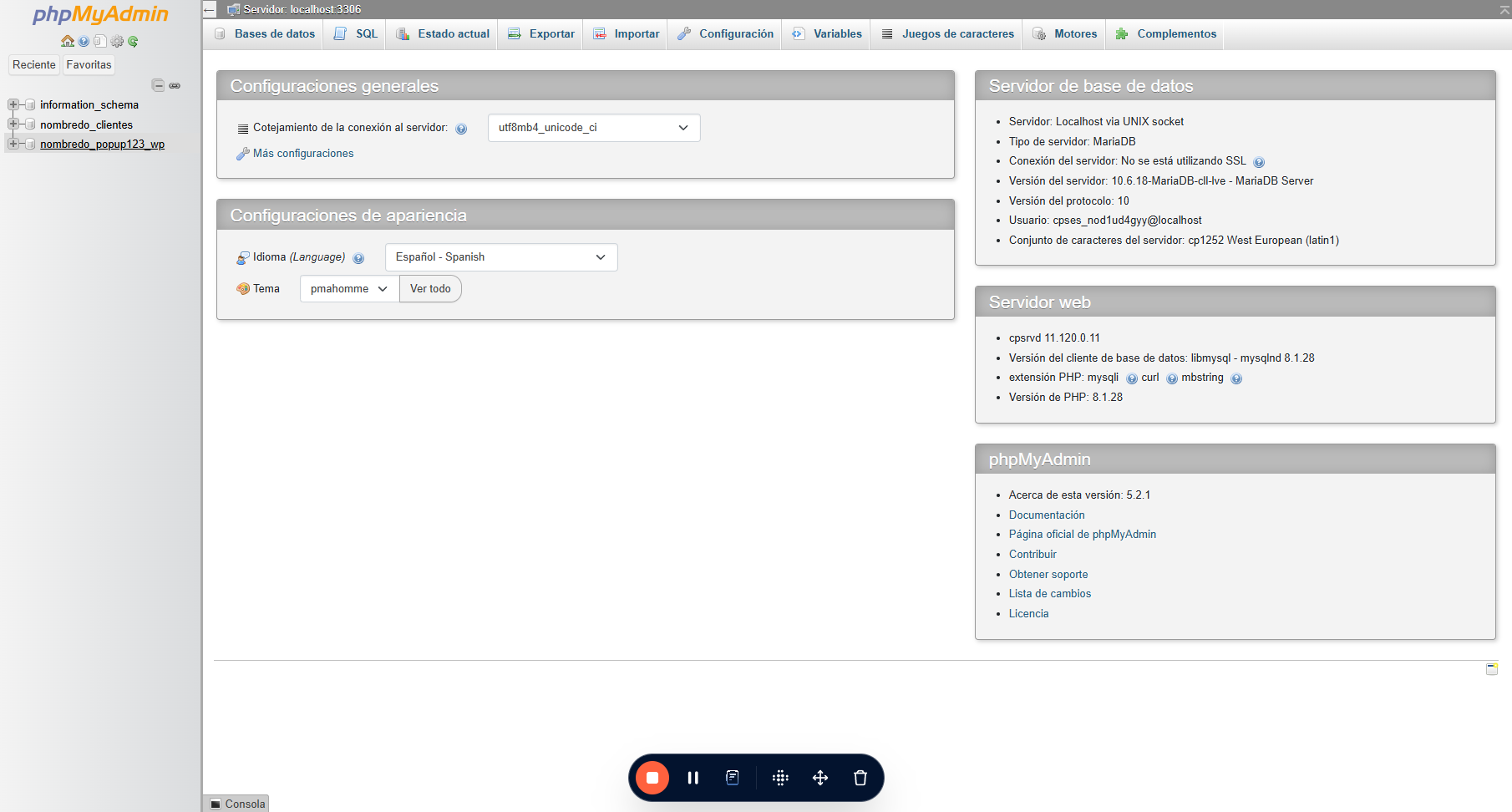 Ingresa a la base de datos que quieres exportar. Por ejemplo, en la imagen accedimos a  "nombredo\_popup123\_wp"