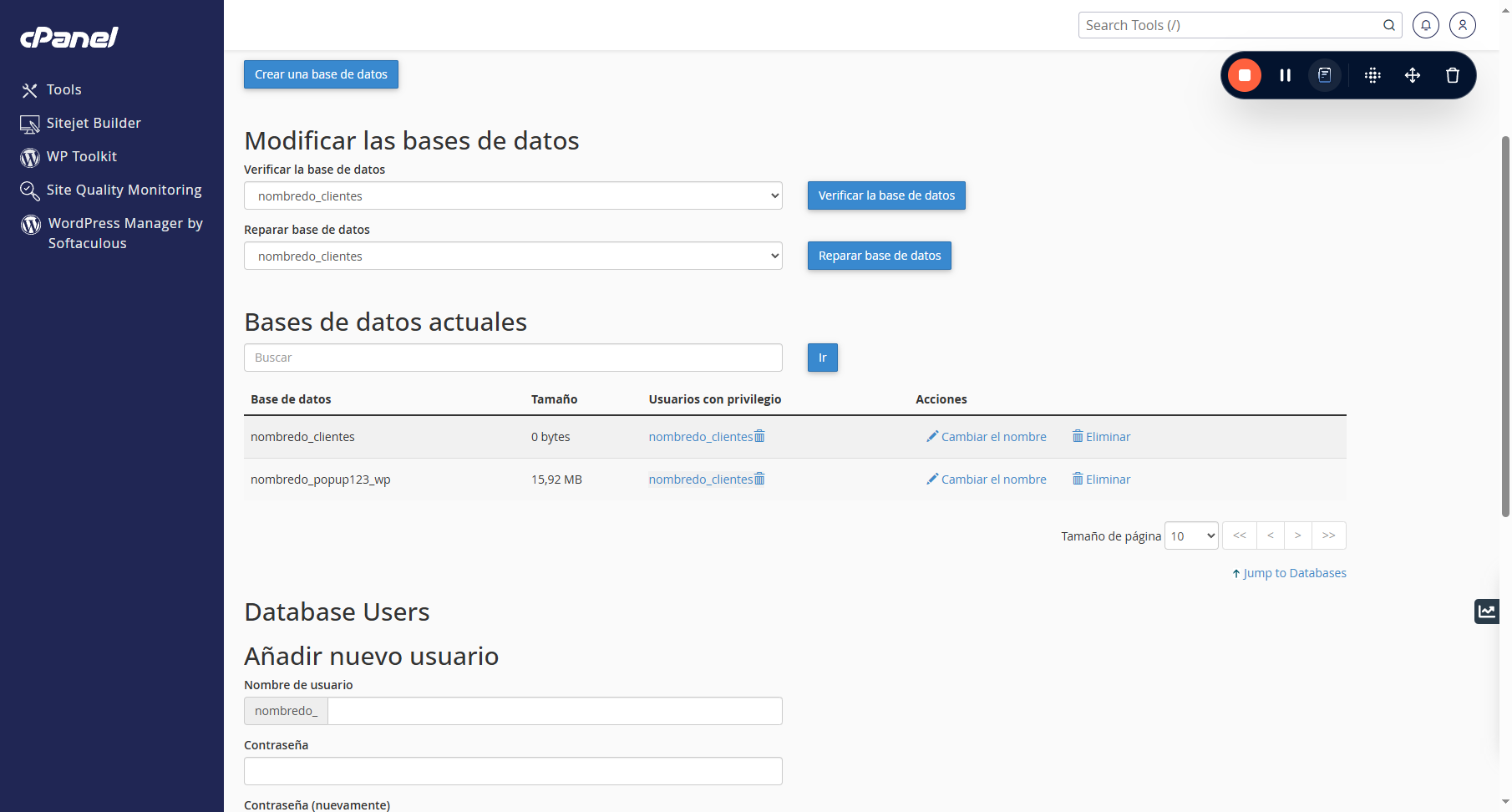 Aquí podemos revisar todas las bases de datos que tenemos creadas. El nombre de la base de datos que aquí aparece debe ser exactamente igual al del archivo.