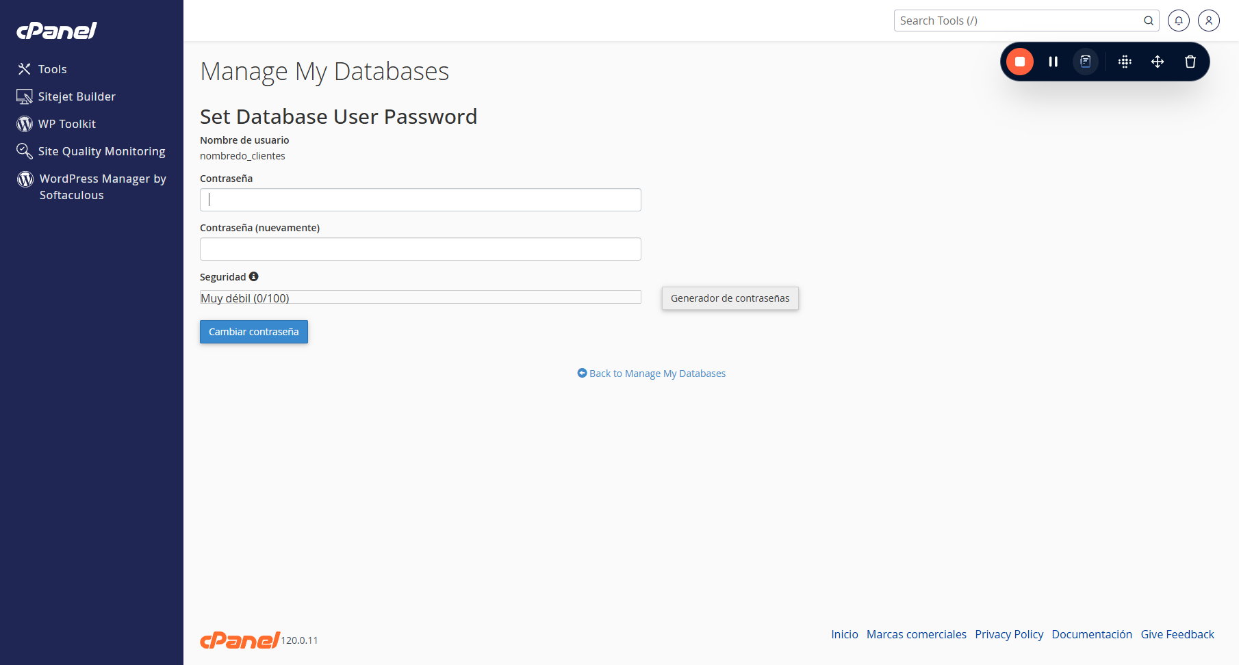Y aquí escribiremos o copiaremos la misma contraseña que está en el archivo wp-config.php

Para guardar este cambio hacemos click en Cambiar contraseña.