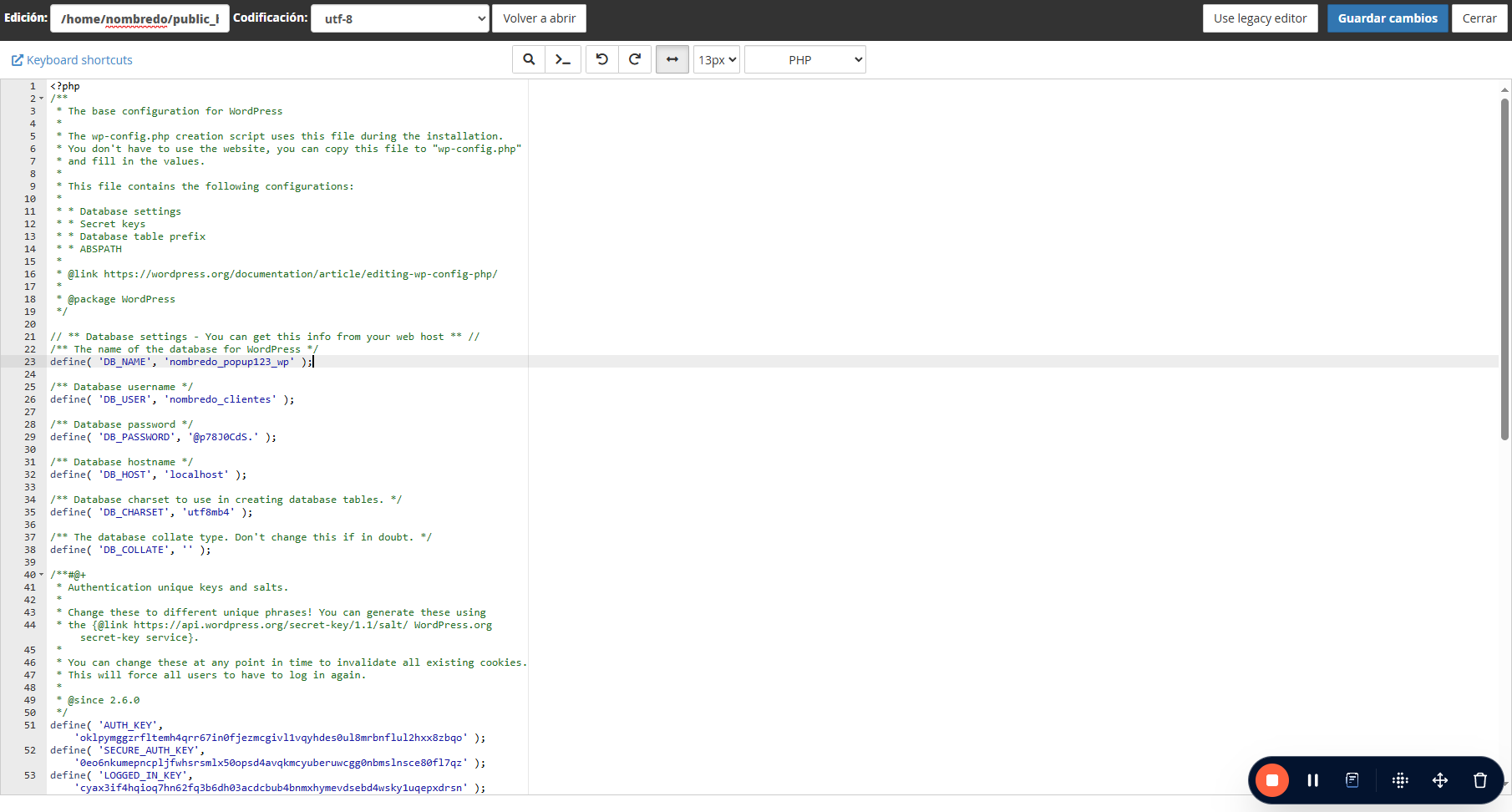 Y por último, en el archivo wp-config.php iremos a "Guardar cambios"